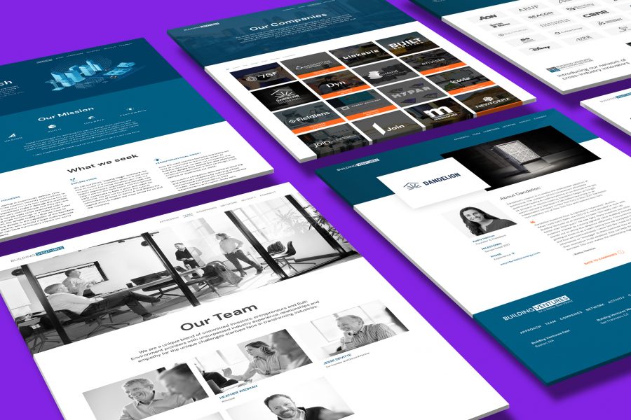 building ventures website pages on purple background